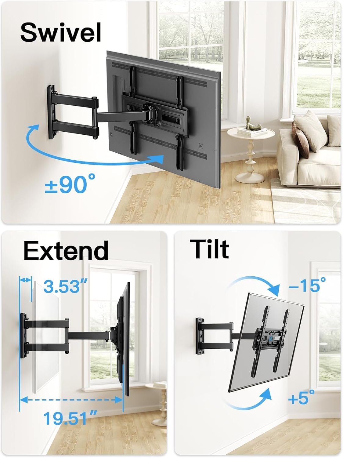 Pipishell Supporto da parete per TV Full Motion per la maggior parte dei televisori piatti e curvi da 26-60" fino a 35 kg, staffa regolabile in altezza, braccio articolato singolo, estensione, VESA