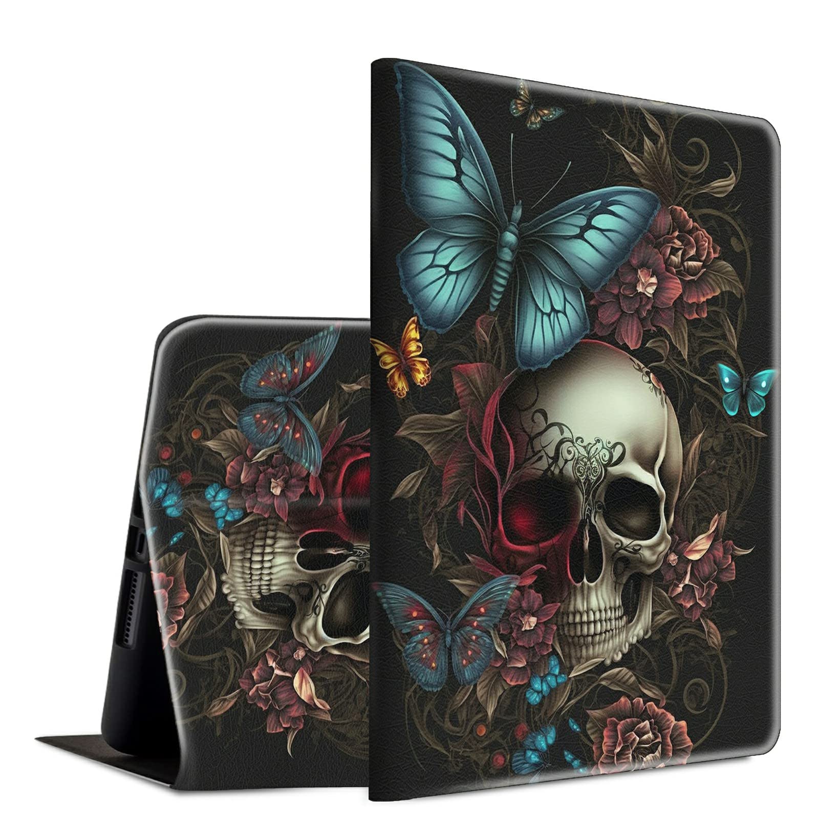 Funda para tablet Kindle Fire HD 8 y Fire HD 8 Plus de 10ª/12ª generación 2020/2022, ligera, con función atril ajustable, con encendido y apagado automático, calavera mariposa azul