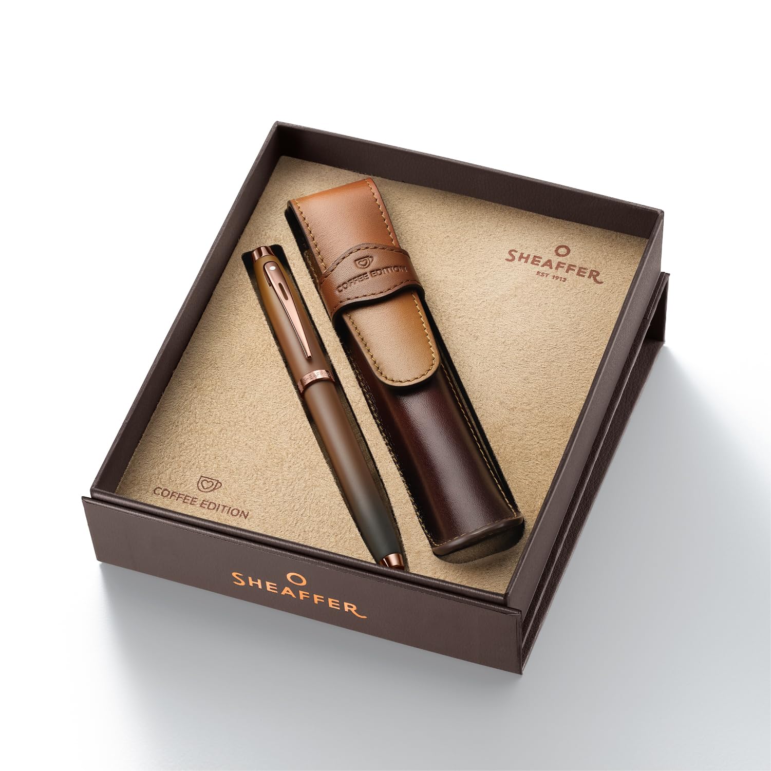 Sheaffer 100 G9374 Coffee Edition Rollerball Pen with Leather Single Pen Pouch Gift Set