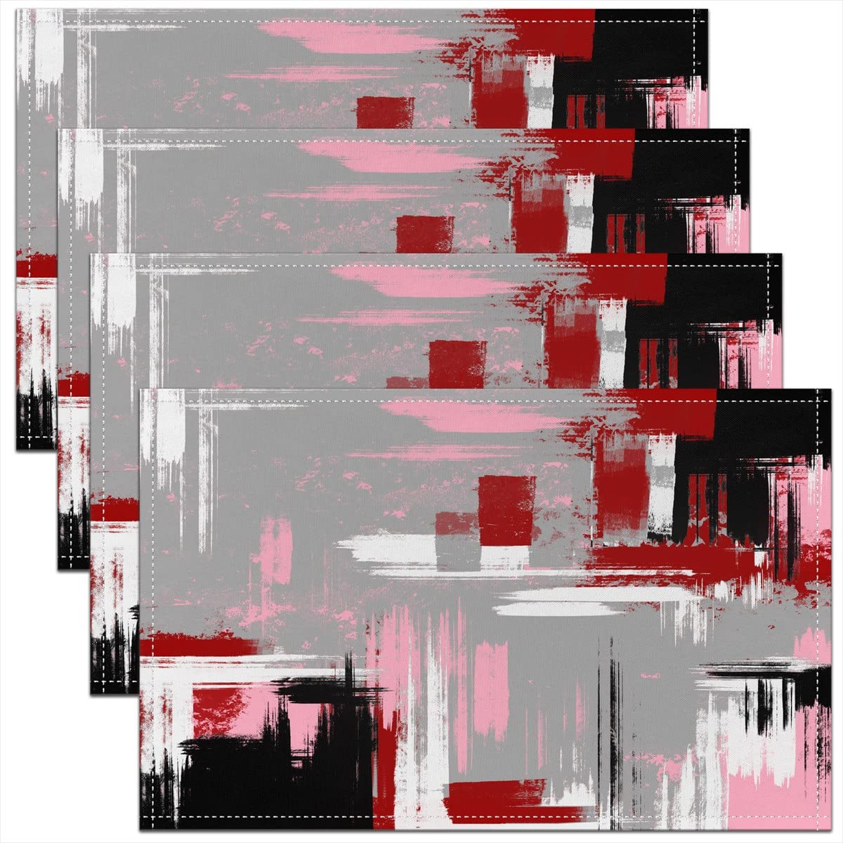 Abstract Placemats Set of 4, Modern Abstract Art Place Mats 45x30cm for Dining Table s, Red Grey Pink Black Retro Table Mats for Kitchen Dinner Indoor