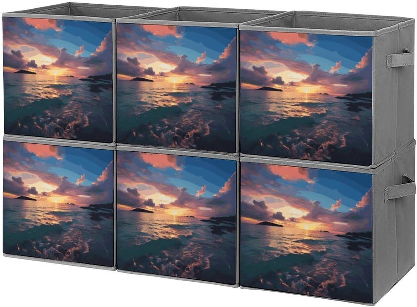 Ocean And Sunset Storage Cubes Set of 6 Storage Bins with Handles Collapsible Storage Basket Fabric Storage Box for Shelves Large Closet Shelf Organizer for Organization 11 Inch