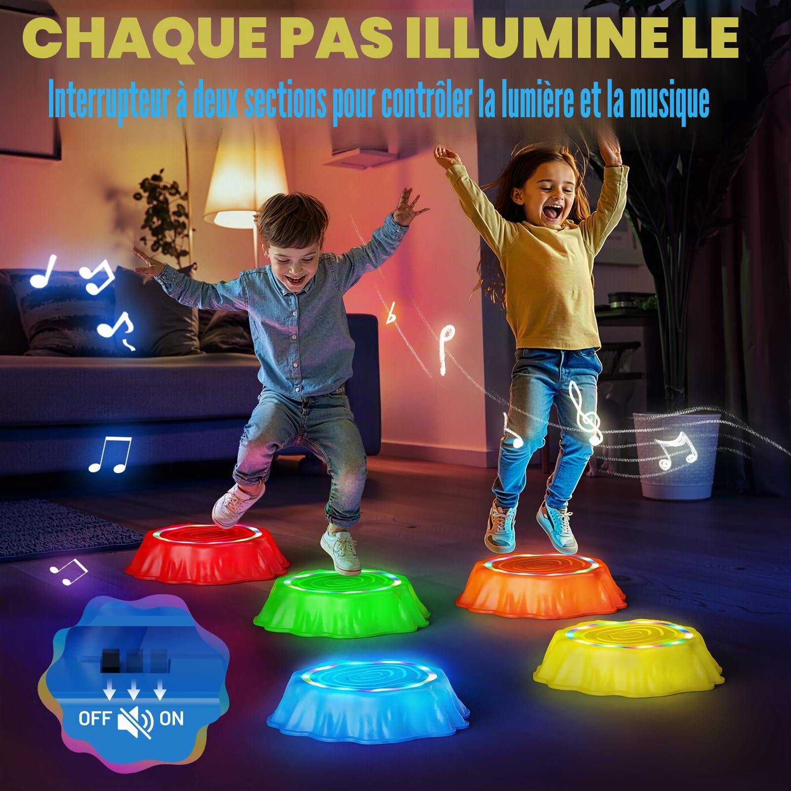 Pierre d'Équilibre Musicales Iumineuses pour Enfants 6 Pierres Durables Antidérapantes Jouets sensoriels d'intérieur et d'extérieur Convient aux enfants de 3 à 5 ans Jouets de jardin