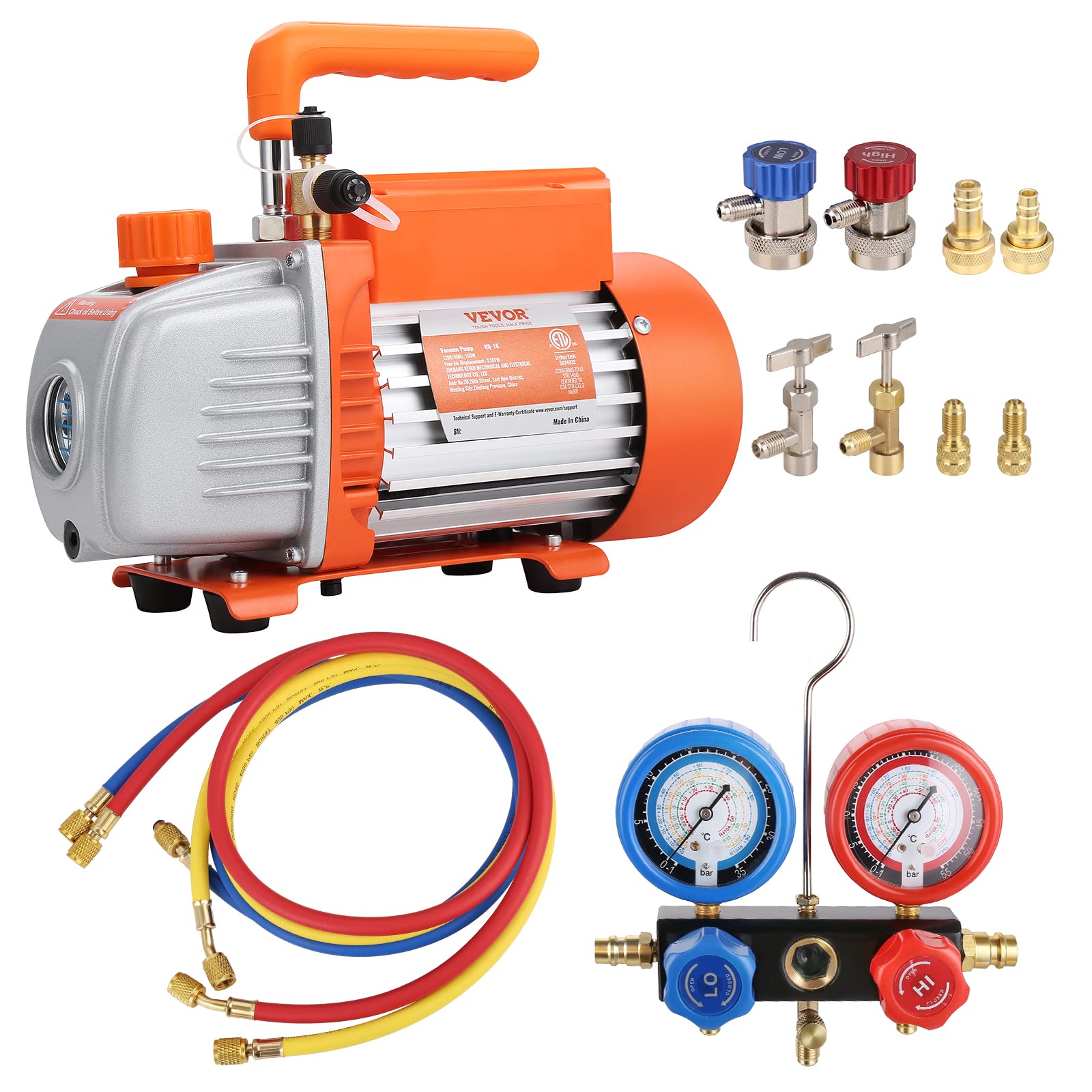 VEVOR Kit Pompa a Vuoto Monostadio per Aria Condizionata di Automobili 150W Pressione tra 55-276 Bar, Kit Pompa Vuoto 100 L/min per Riparazione di Condizionatore Frigo Refrigeranti HVAC R134a R1234yf