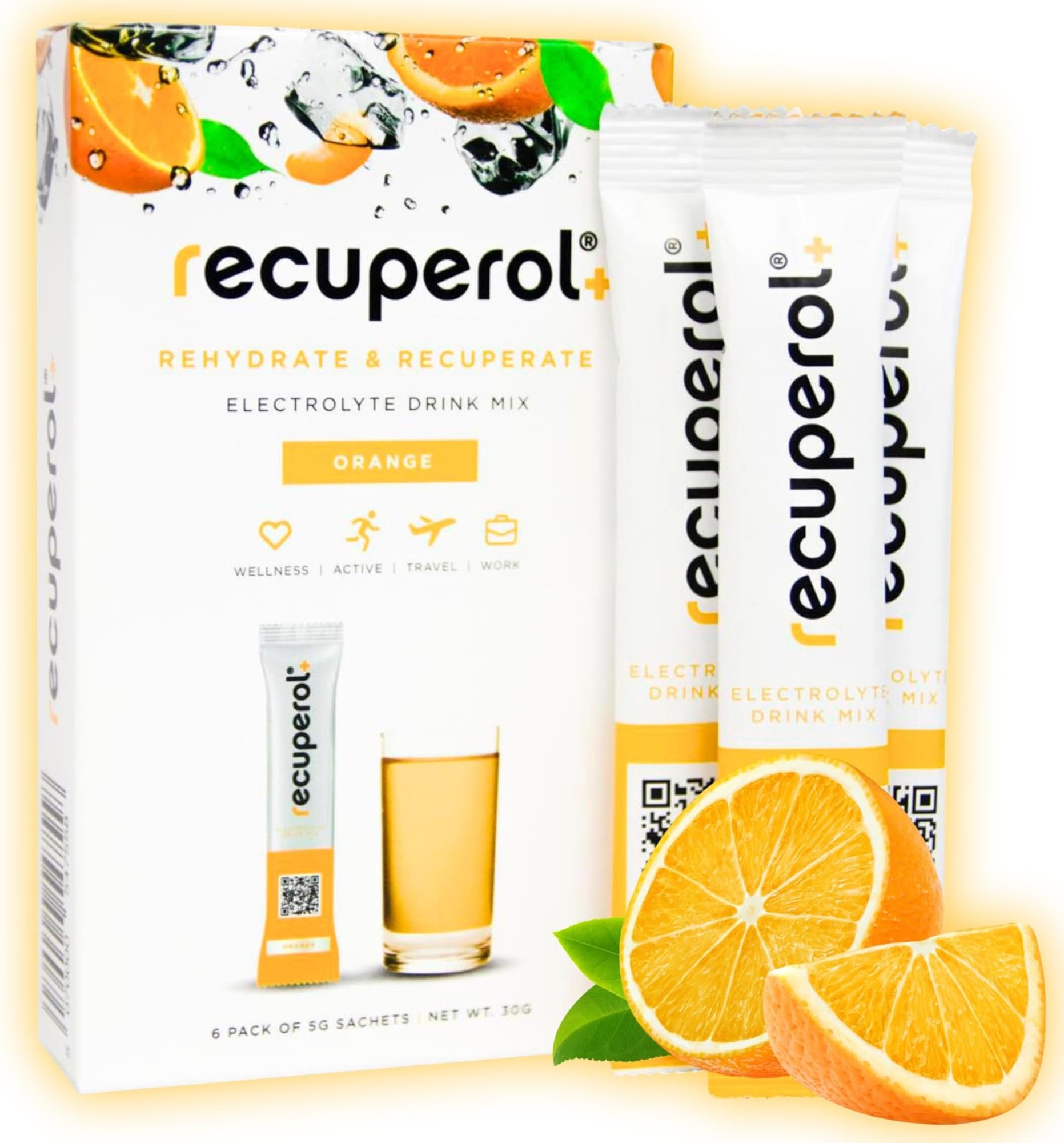 Recuperol Electrolytes Sachets - Rehydration Electrolytes Powder with Zinc, Vitamin C, B12, D3 & Potassium for Hydration - Sugar Free, Vegan & Low Calorie - Orange 6 Pack