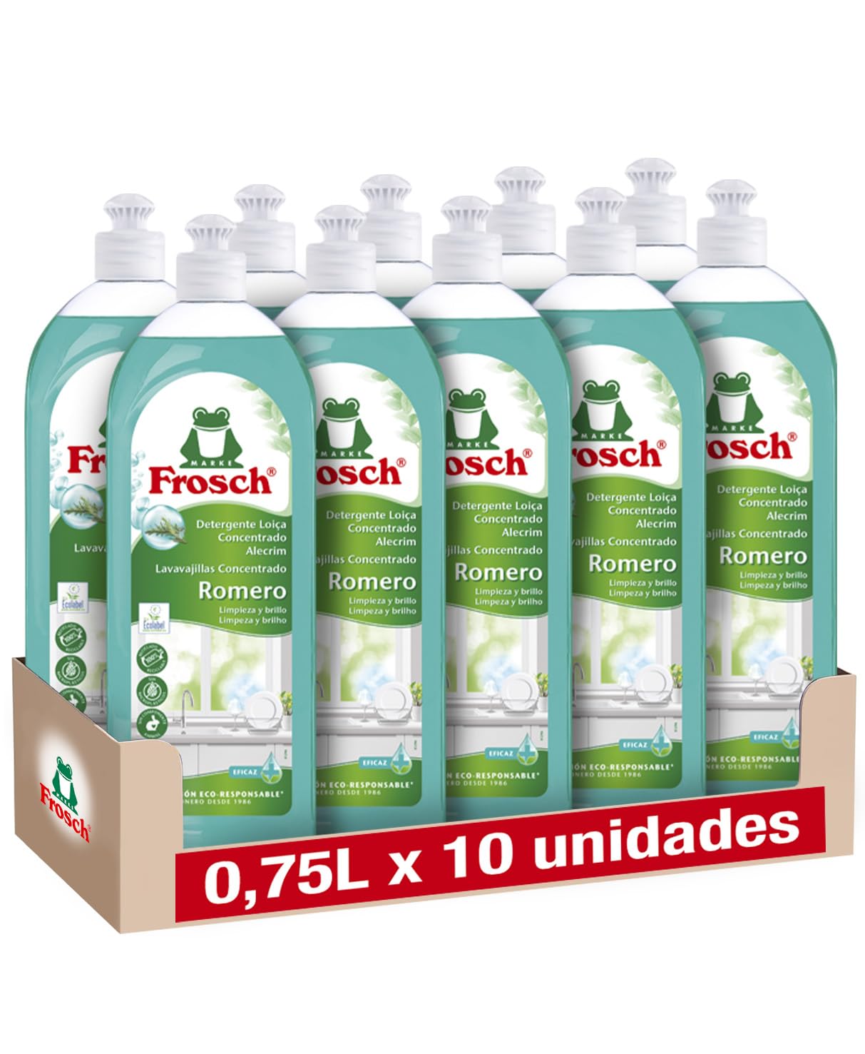 Frosch - Handspüler, Flüssigkonzentrat, ökologisch, Rosmarin, effektive Reinigung und Hygiene, pH-neutral - Packung mit 10 Stück x 750 ml