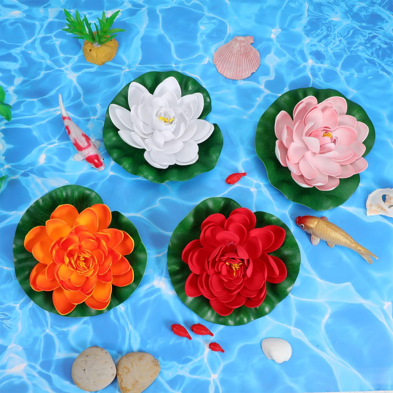 Amosfun 4 Stück Schwimmende Künstliche Lotusblumen Und Seerosen 17 cm Pu Teichdeko Für Garten Aquarium Terrasse Natürliche Wasserpflanzen Dekoration