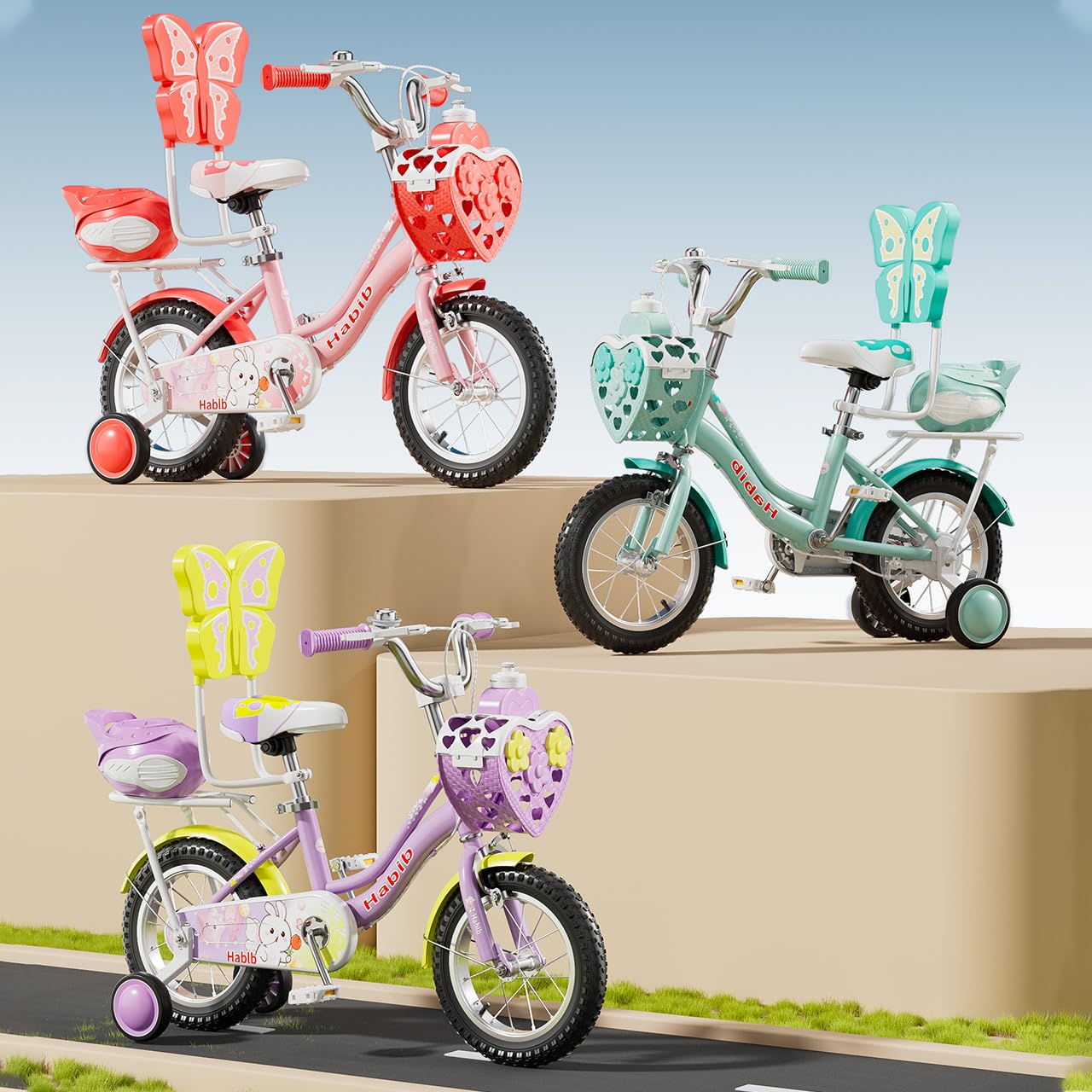 Habib Mädchenfahrrad Prinzessin 12 14 16 Zoll | Komplettset mit Korb, Schutz-Set & Pumpe, Trinkflasche | Kinderfahrrad mit Stützrädern & Dual-Bremssystem für Mädchen 3-8 Jahre