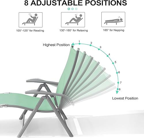 Miniatura 92 de Crestlive Products Juego de 2 tumbonas para exteriores, silla reclinable plegable de aluminio, ajustable 8 posiciones, sin montaje, perfecta
