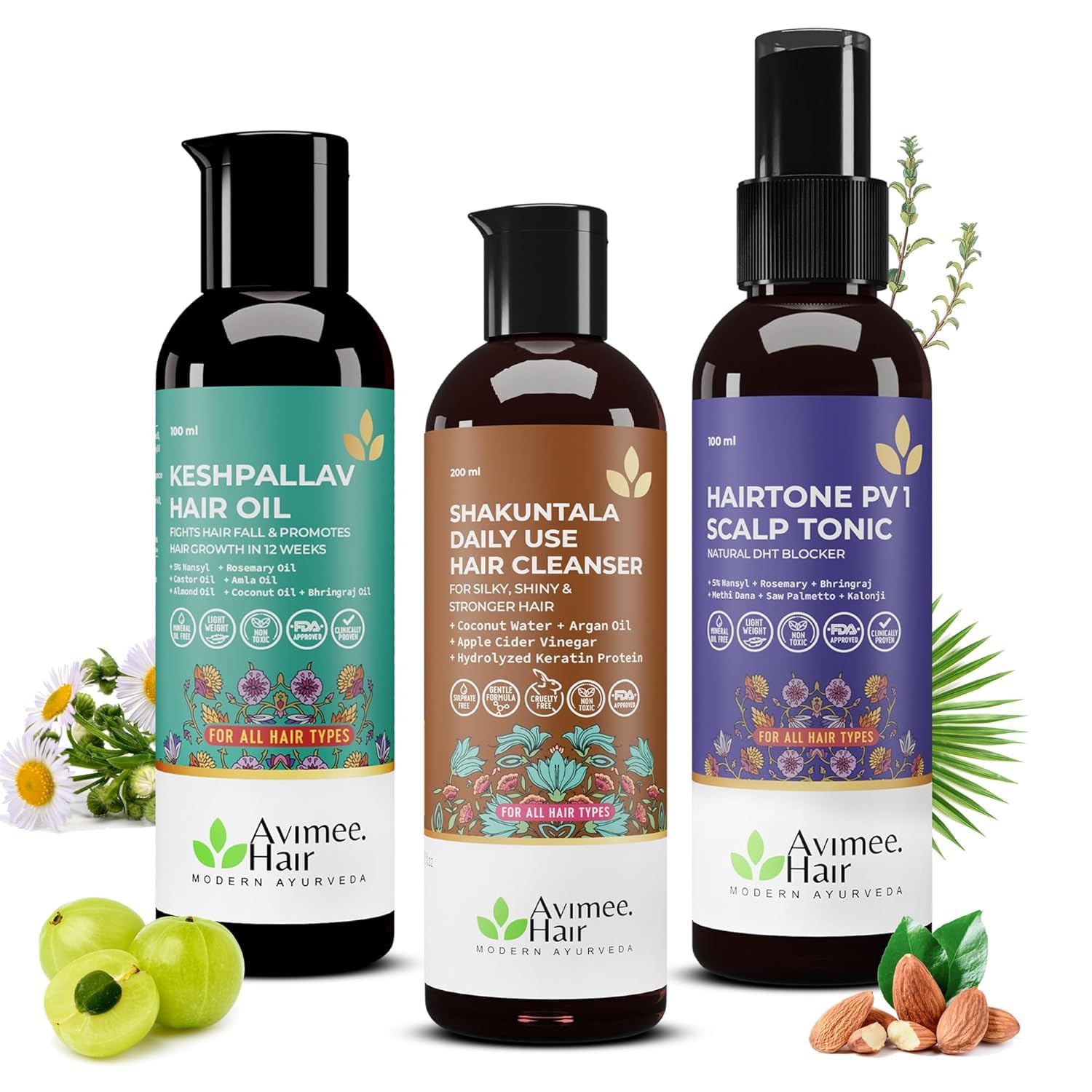 Avimee Herbal Hair Fall Kit | For Hair Growth and Nourishment | Keshpallav Hair Oil, 100ml | Shakuntala Hair Cleanser Shampoo, 200ml | Hairtone PV1 Scalp Spray, 100ml | Hair Care Combo