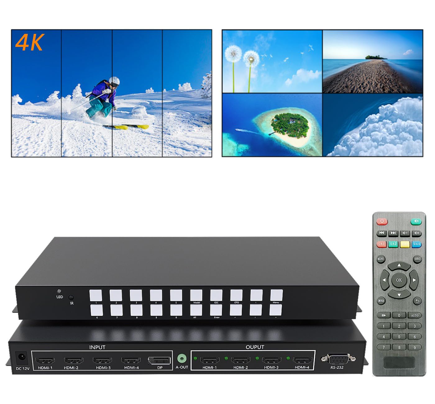 ICUIXIAN 4k 4x4 Seamless HDMI Matrix Switch Multi-View 4 Input Video Wall Controller 2x2 4K60Hz 4:4:4 24-bit, HDMI 2.0, 18Gbps, Rs-232, Seamless Switching 4x4 HDMI Matrix Video Wall 2x2 (UDP-0404)