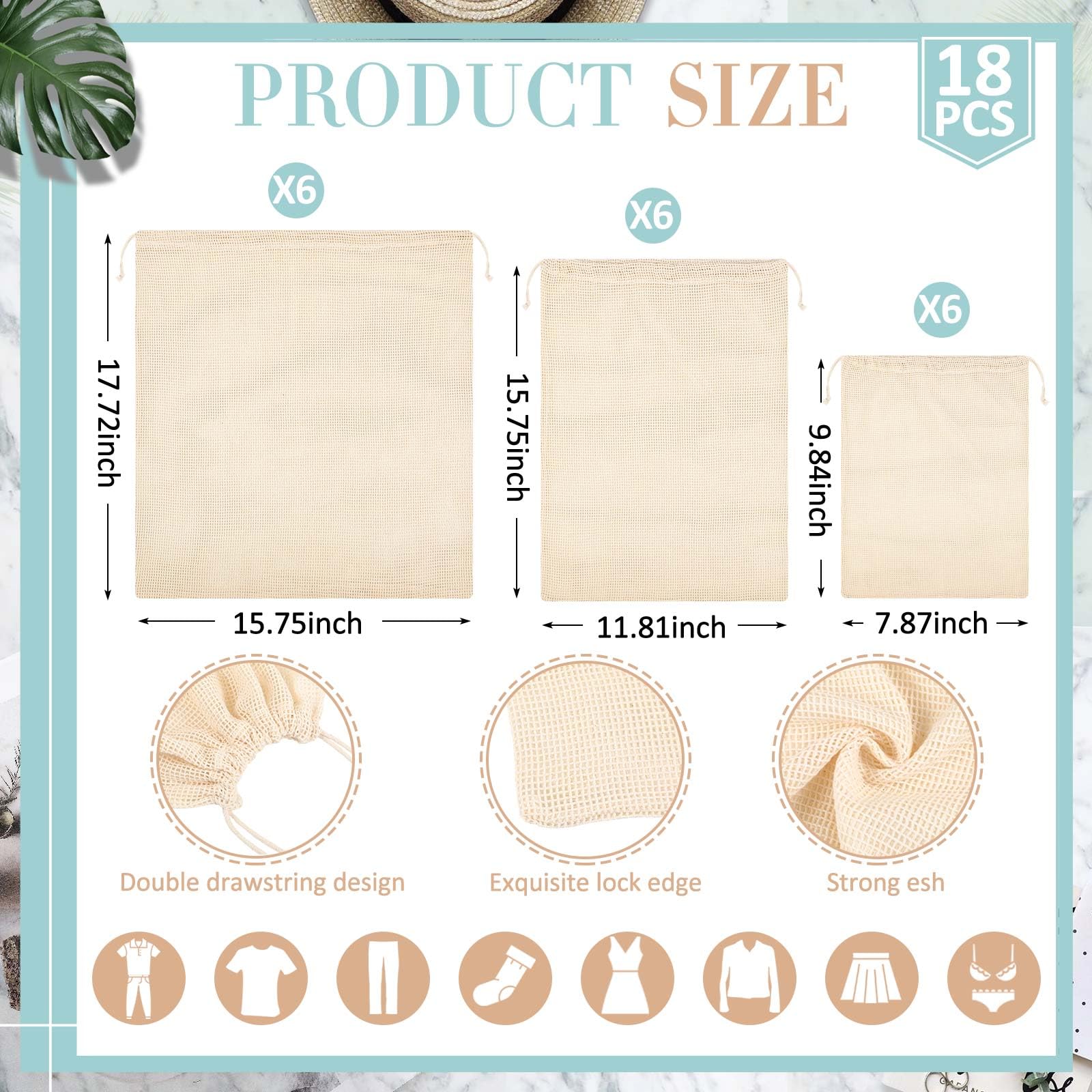 Reallnaive 18 Pack Mesh Laundry Bags with Drawstring 3 Size Organic Cotton Mesh Wash Bags for Delicates, Lingerie Garments,bra,underwear, Pants, Shoes, Socks, College, Dorm, Family, Travel Storage