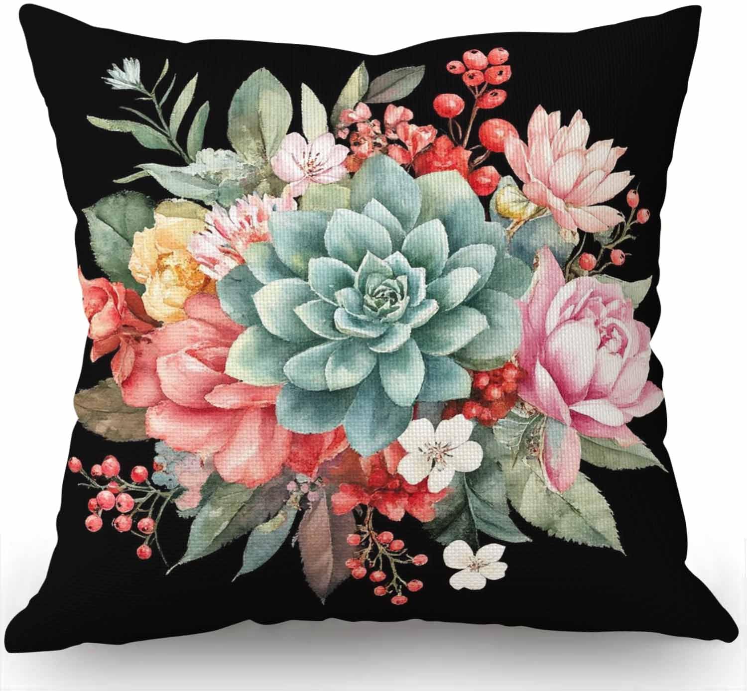 Swono Watercolor Vintage Rose Decorative Throw Pillow Cover Case, Peony Succulents Cotton Linen Outdoor Pillow Cases Square Standard Cushion Covers