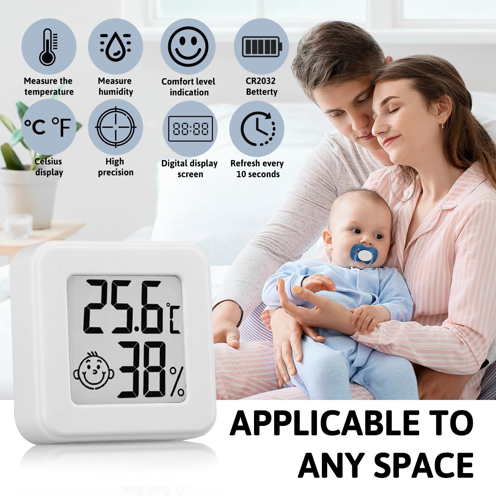 Thermomètre Hygromètre Intérieur Numérique Lot de 6, Mini Thermomètre Digital Haute Précision, Moniteur Température Humidité pour Chambre Bébé, Bureau, Salon, Cave, Serre, Cave à Vin (Blanc)