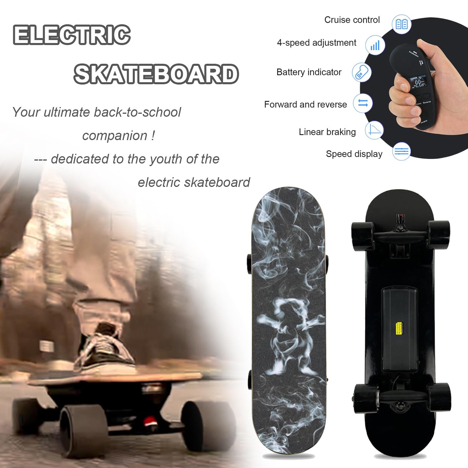 Skateboard motorizzato per pendolari dal design ultraleggero, con telecomando, velocità massima di 25 km/h, autonomia di 15 km, longboard elettrico perfetto per adolescenti e adulti D-Single-Motor