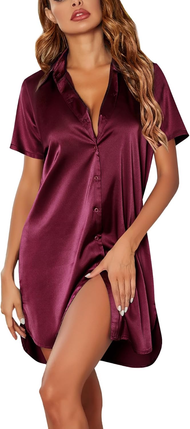 Ekouaer Satin Nightshirt for Women Button Down Nightgown Silk Short Sleeve Sleepshirt Notch Collar Sleepwear S-3XL