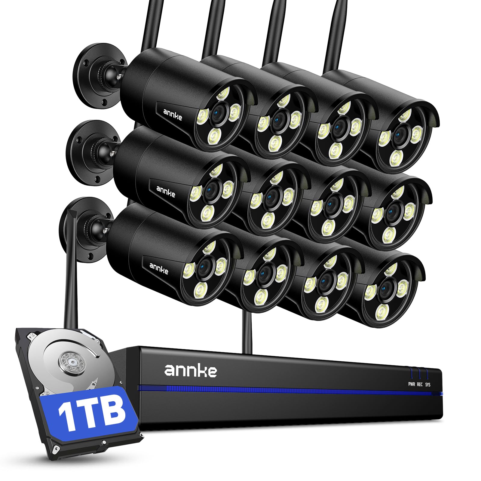 ANNKE Wireless Security Camera System-16CH Expandable 4K Security NVR, 12Pcs 2K Outdoor Cameras, 2-Way Voice, Motion Alert, Weatherproof, Mobile App-Controlled for Indoor/Outdoor Use, 1TB