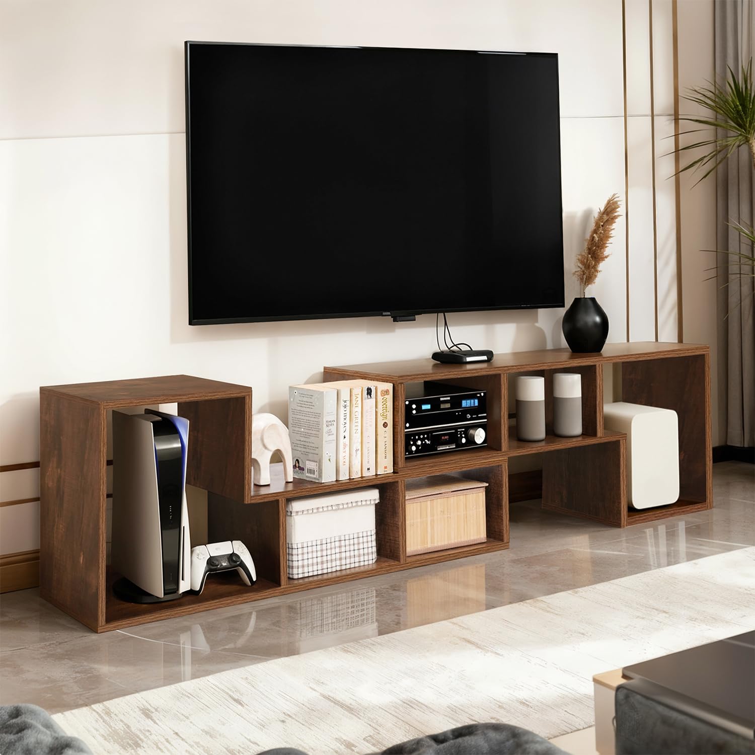 ABOUT SPACE Wooden TV Stand - TV Entertainment Unit and Shelf Storage for Set Top Box,Home Theatre,Books for Living Room,2 L Shaped TV Unit for 32 to 72 inch,Adjustable Table - Walnut Brown