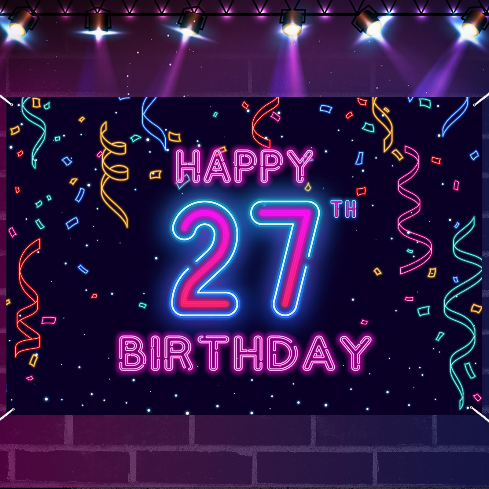 27th Neon Happy Birthday Banner Let’s Glow Banner Backdrop Decorations for Girls Boys Women Men Cheer to 27 Years Neon Themed Birthday Party Photography Background Glow Party Supplies