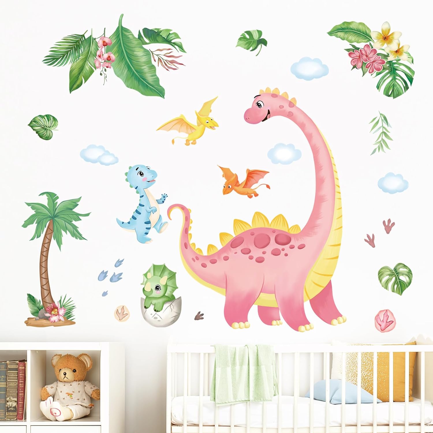 Cartoon Pink Dinosaur and Palm Tree Wall Decals, Vibrant Peel and Stick Nursery Decor for Baby Room, Kindergarten, Daycare