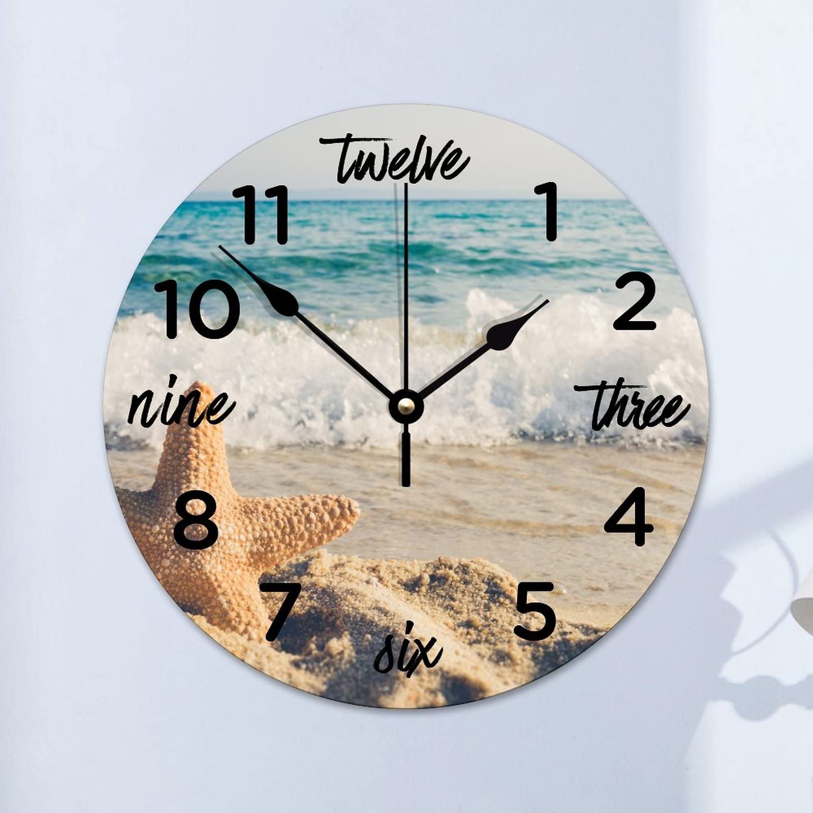 Horloge murale étoile de mer et sable silencieuse 38cm pour déco cuisine et bureau marine