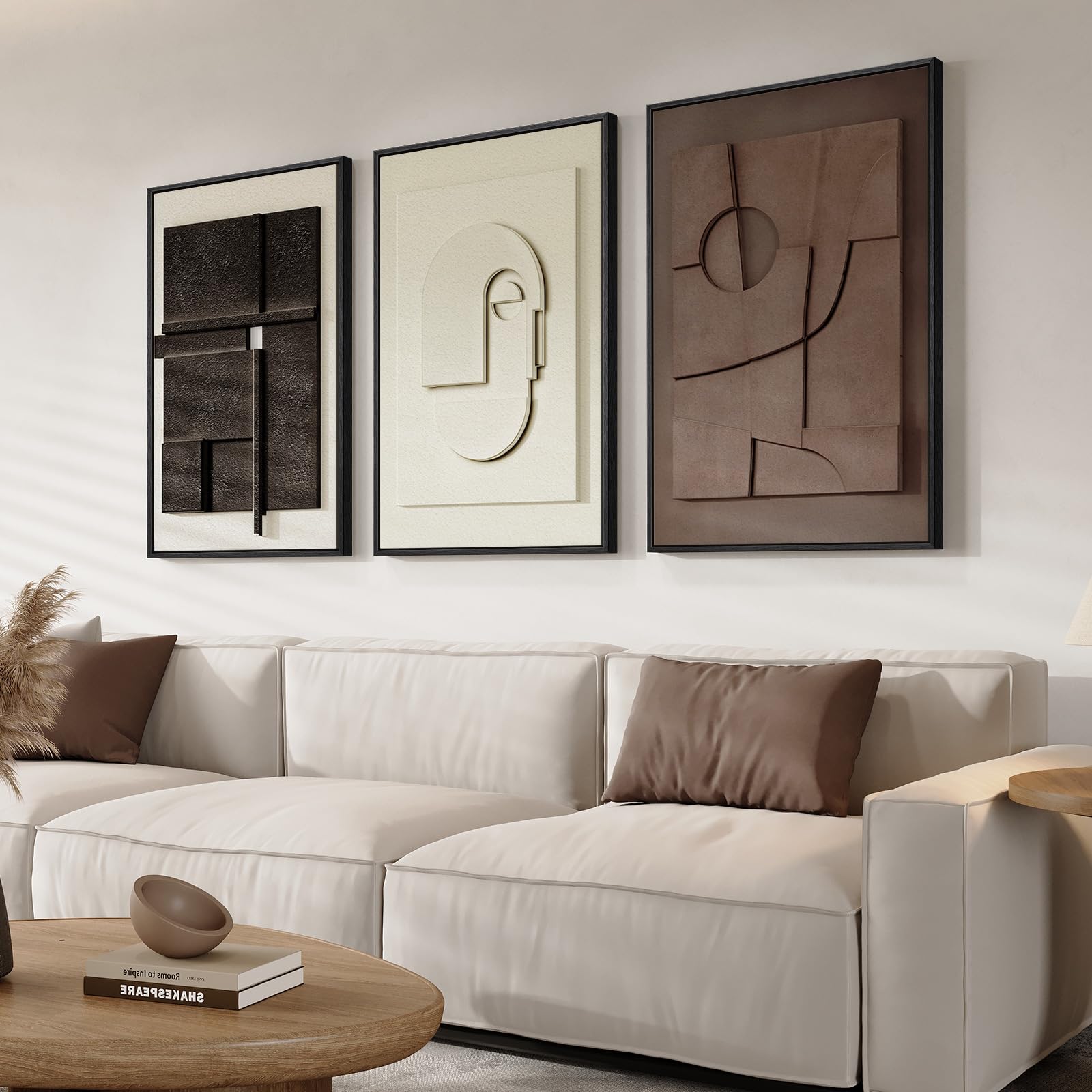 3D Texture Frame Abstract Wall Art, 3 Pieces Modern Painting Artwork for Wall, Black White Brown Geometric Sandstone Texture Pictures for Living Room Dining Room Bedroom Office Wall Decor 16x24 Inches