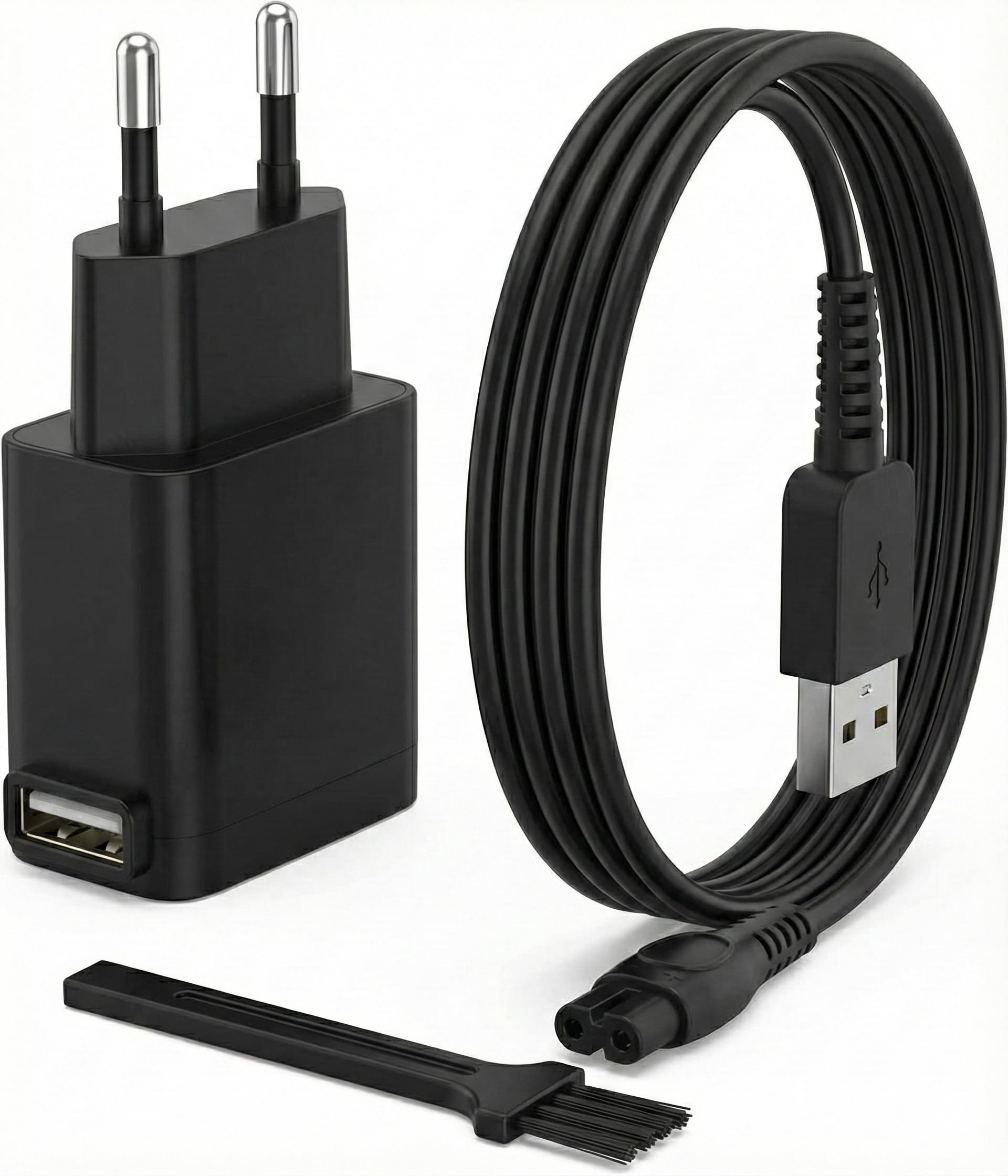Kit Cargador 5V Compatible con Philips OneBlade 360 QP2724 QP2834 QP4530 & Multigroom MG5910 MG7910 MG9510 S2313 - Cable USB + Adaptador de Corriente + Cepillo de Limpieza - Negro
