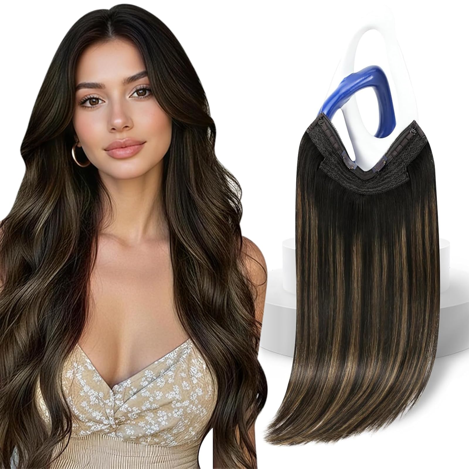Sunny Hair Wire Hair Extensions for Women 16inch Straight Fish Line Human Hair Extensions Invisible Wire Extensions Easy to Apply Cool Brown Ombre Light Brown Balayage Blonde 85g — view 13
