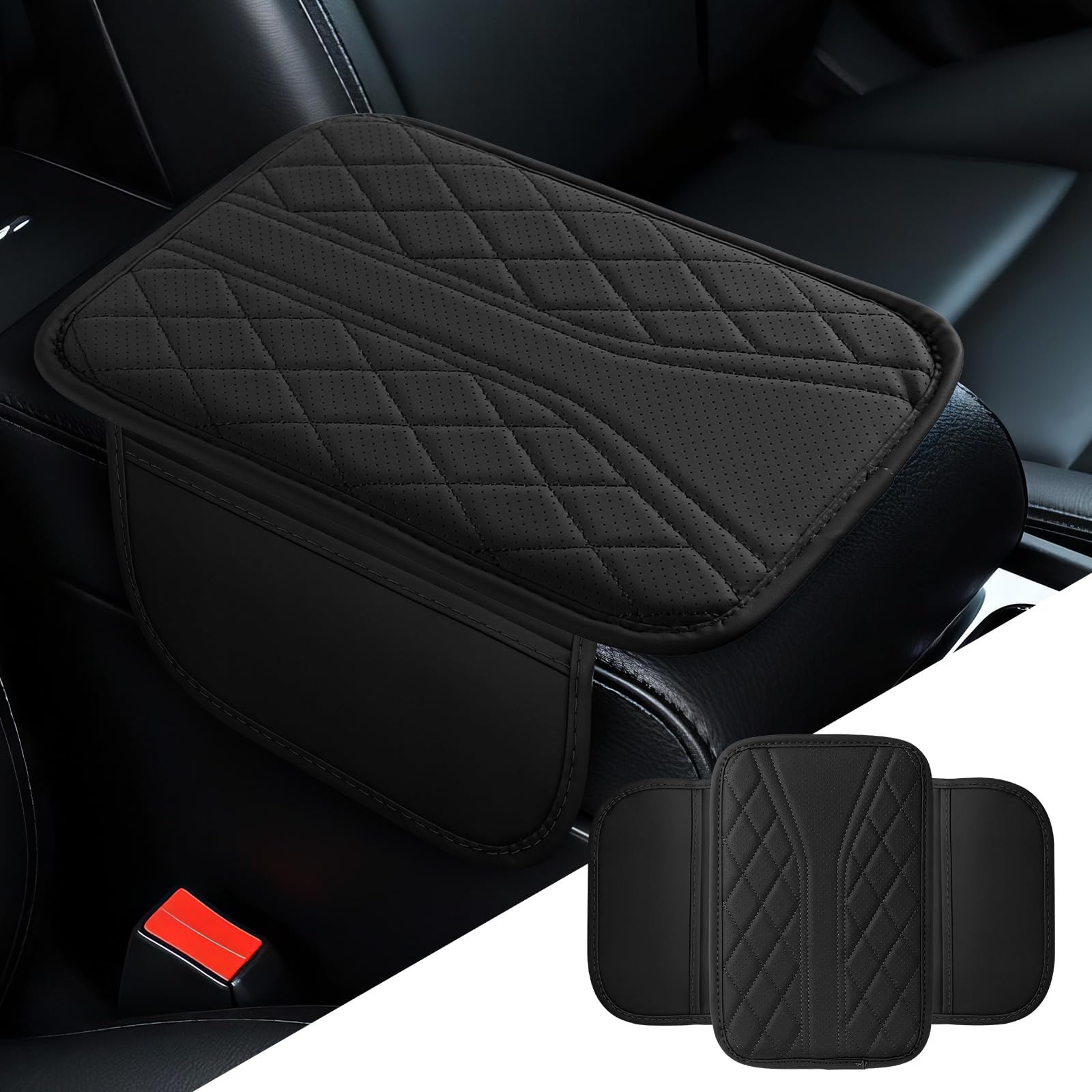 Car Center Console Cover, 11.8"×6.7" Leather Armrest Cover for Cars, Multifunctional Auto Armrest Cushion Pad with Storage Pocket, Universal Arm Rest Protector Car Accessories (Black)