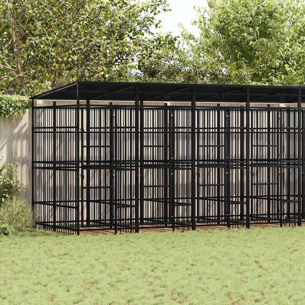 Canile da esterno con tetto per cani in acciaio 14,75 m² Recinto esterno per cani e cuccioli, gabbia per giardino