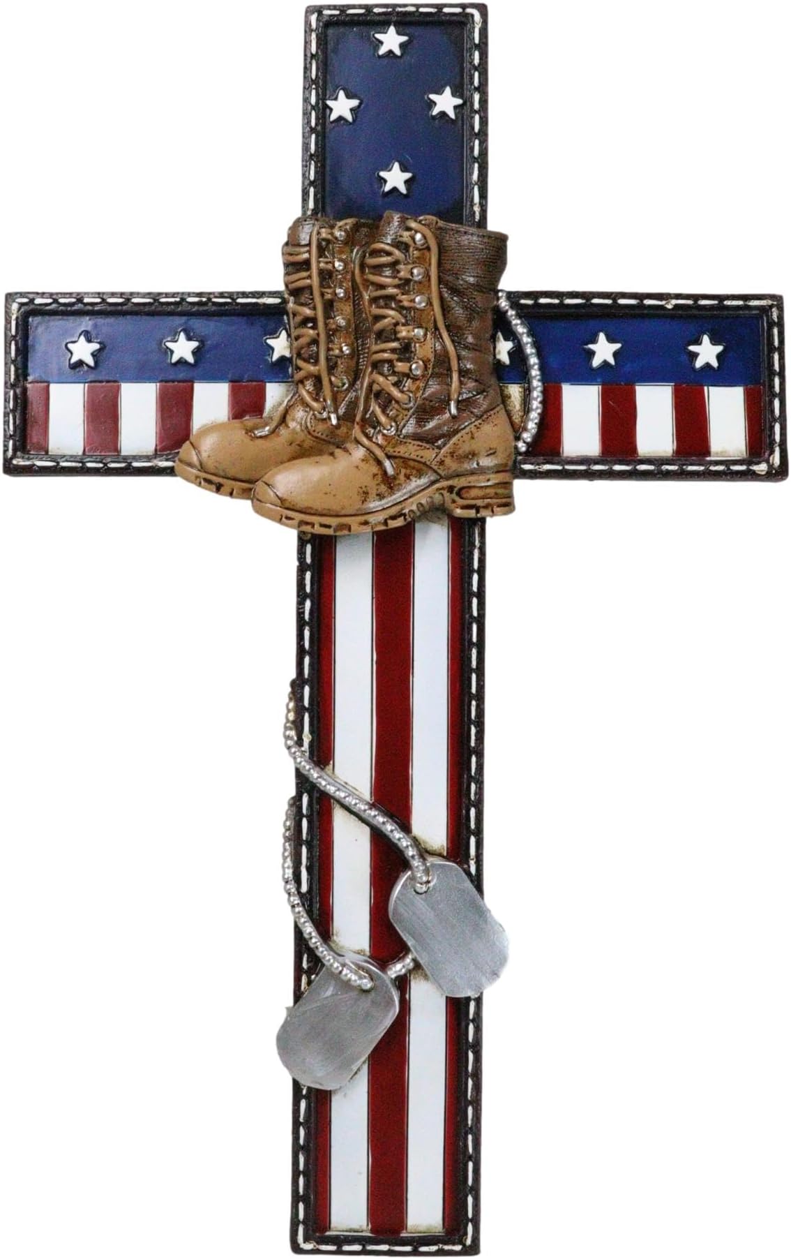 Ebros Gift Rustic Western USA American Flag Military Fallen Soldier With Tactical Boots And Dog Tags Memorial Wall Cross Decor Plaque Vintage Design Hanging Sculpture 11.75" H Decorative Crosses