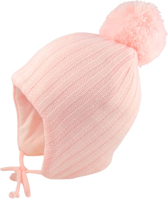 Pesci Baby Girls or Boys Pom Pom Hat with Ear Flaps and Chin Ties Beanie Bobble Hats Winter Wooly Knitted Warm Thermal Cap (Pink, 3-6 Months)