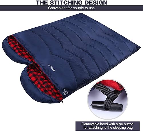 Vista 76 de REDCAMP Saco de dormir de franela para adultos, cómodos sacos de dormir de algodón para acampar con capucha desmontable, rojo/gris/azul