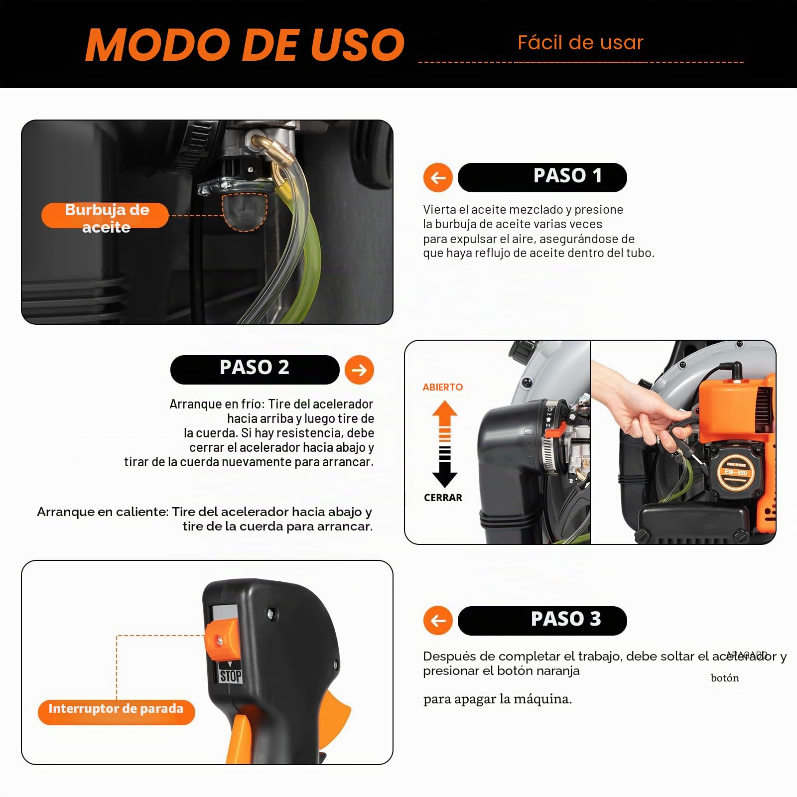 Soplador de hojas de gasolina para espalda, 65 cc, 2 tiempos, 6800 rpm, soplador de hojas para limpiar hojas, polvo de carretera, basura