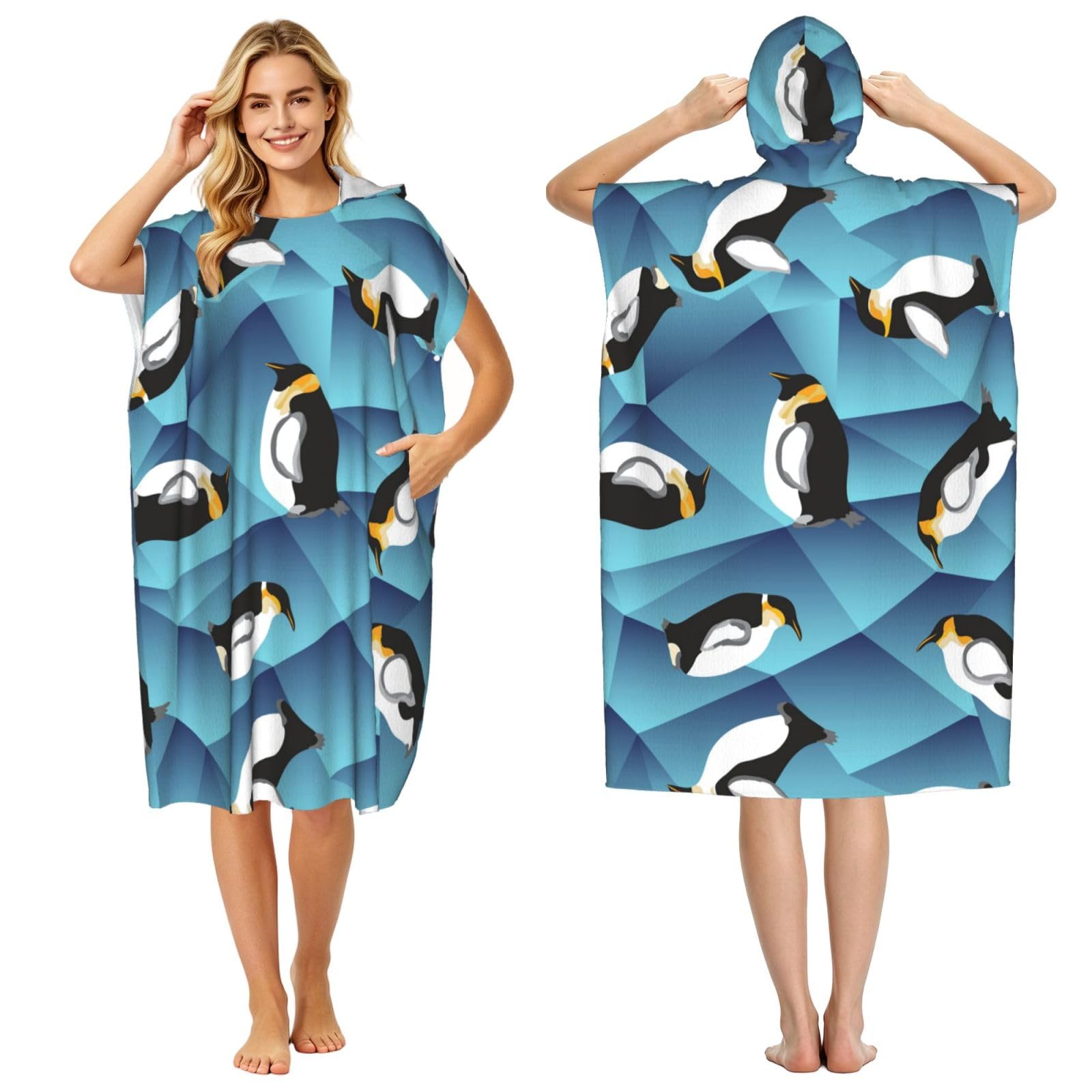 Poadnly Abstract Polygon Penguin, Adult Hooded Beach Towel 90 x 110 cm,Changing Bath Robe, Surf Poncho Towel For Women Men