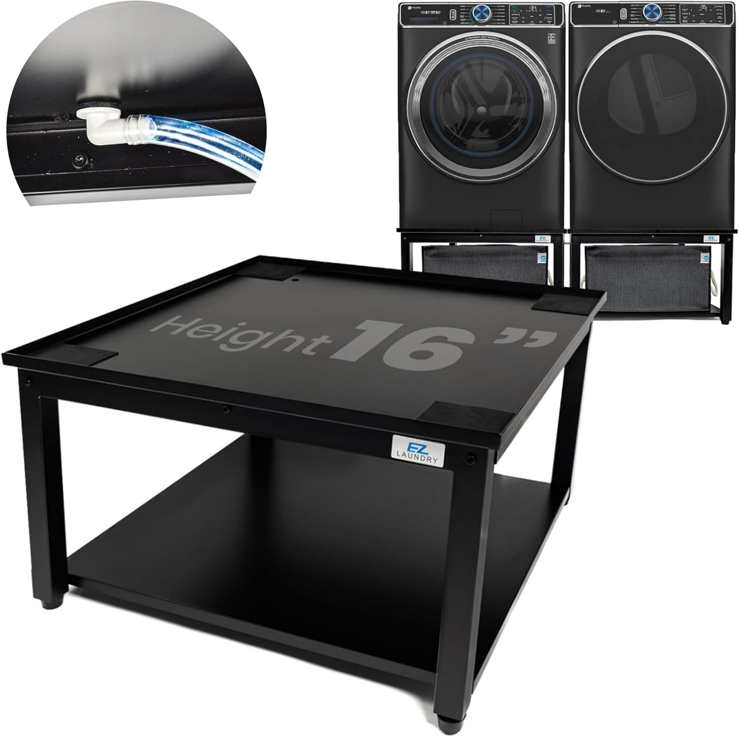| Upgraded 28” Universal Pedestal – 700lbs Capacity, Raises 16” with Built-in Drain Pan + Hose, Adjustable Feet, Anti-Vibration & Storage Shelf fits 27" or 28" Washer & Dryer (Black)