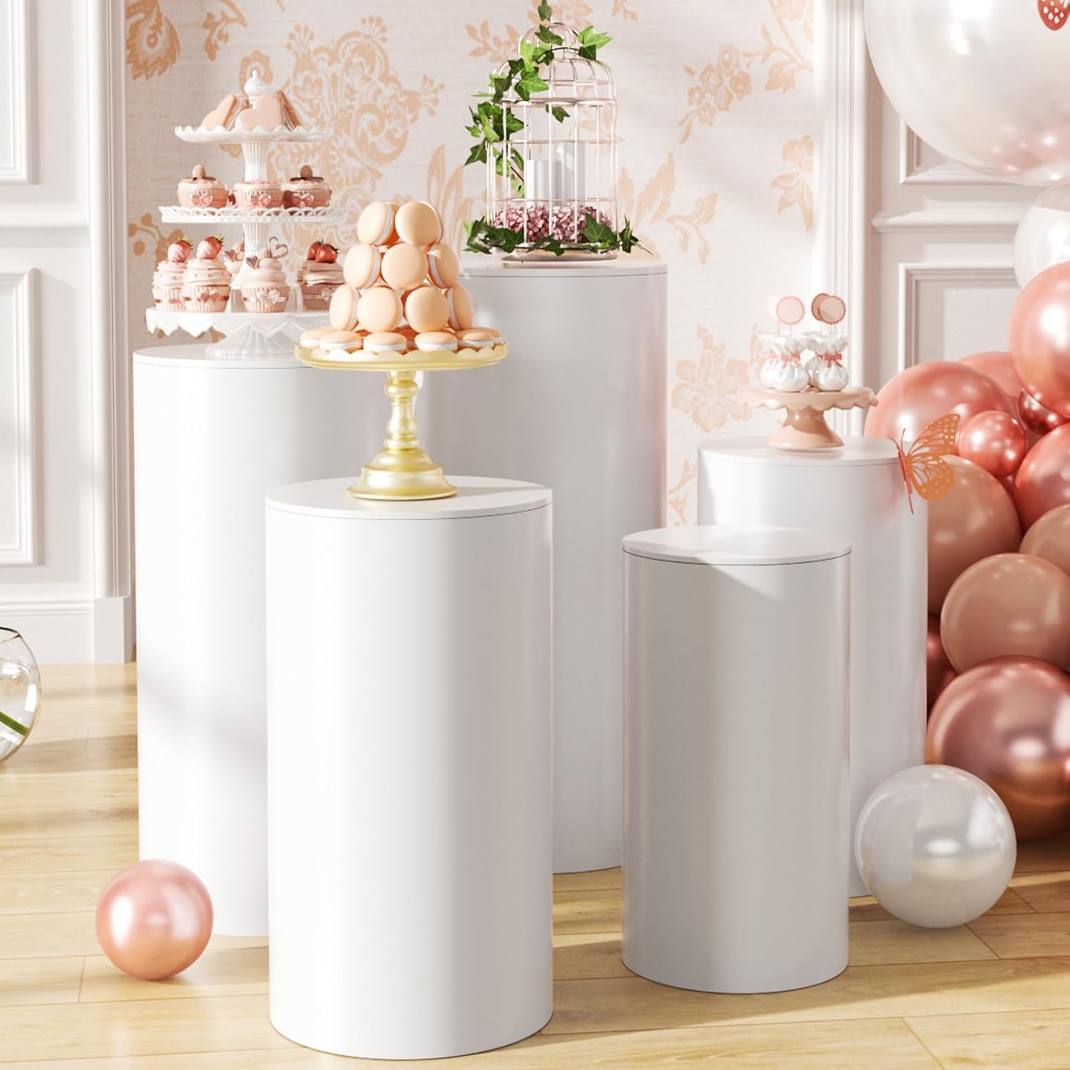 White Cylinder Pedestal Stands for Party- 5 Pieces , Large White Cake Stand, Pedestal Display Plinth Pillars for Wedding Ceremony Birthday Party Art Decor-- 15.7*35.43''(L),14.17*29.5''(M),12.99*23.6''(S), 21.6*11.8"(XS), 19.68*10.6"(XXS) 5PC White