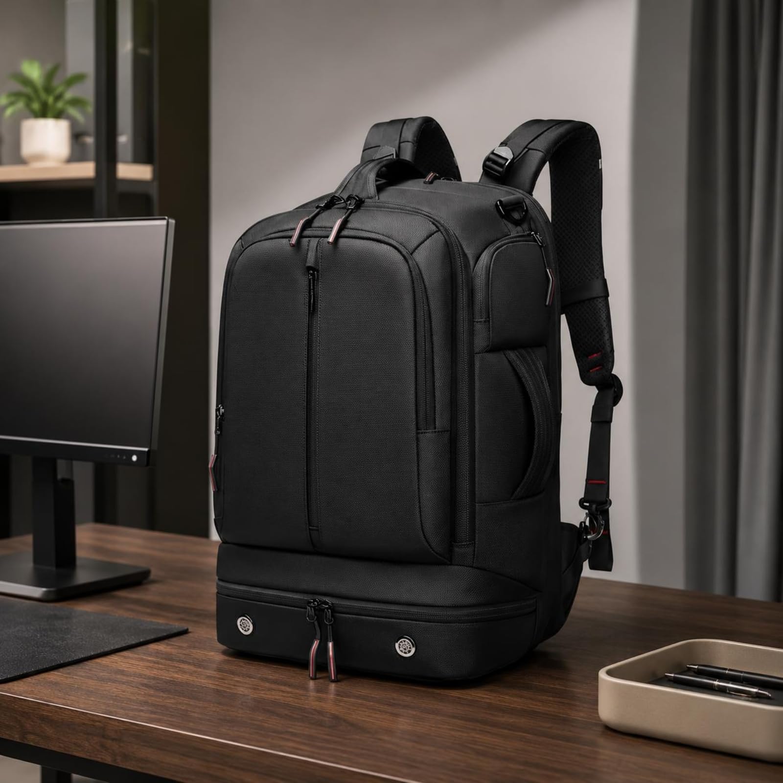 Zaino da Viaggio Uomo Convertibile con Tracolla Zaino Borsa a Spalla Borsa per Ufficio con Tasche Multiple E Protezione Laptop Spallacci Larghi E, Nero, Nero, 19