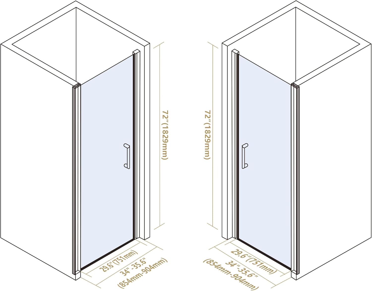 Bathroom Shower Door, Frameless Tempered Glass Shower Door, 34”W x 72”H Shower Panel, 1/4"(6mm) Single Shower Swing Door, Brushed Gold Finish with Handle