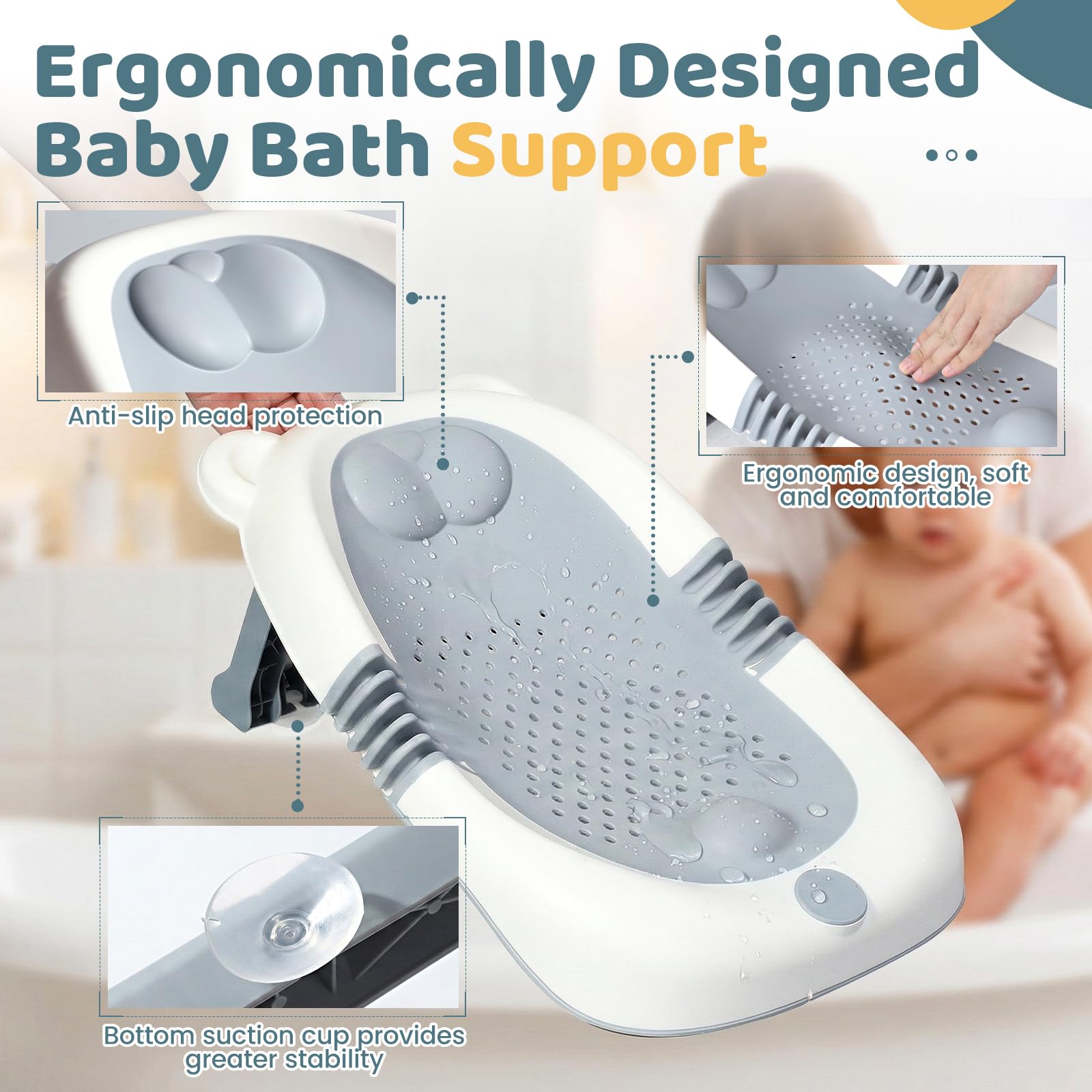 Orzbow Plegable Soporte Bañera Bebe, Estable Soporte Baño Bebe con Estructura Triangular, Base Antideslizante con Ventosas, Tacto Suave, Adecuado para Recién Nacidos, Portátil, Gris