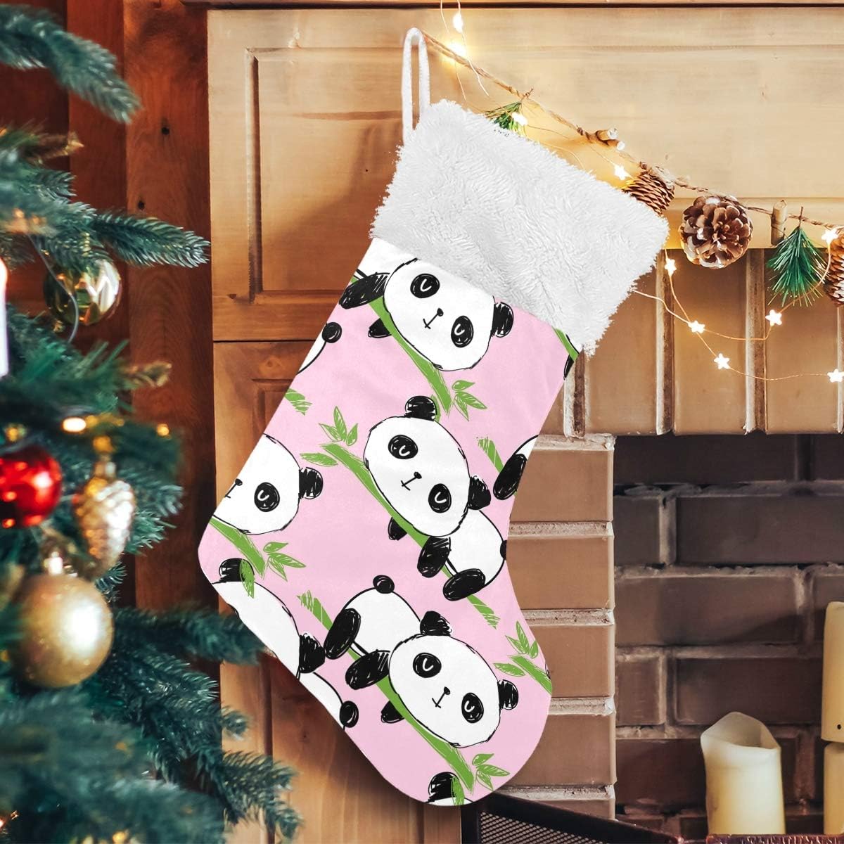 Christmas Stockings, Cute Panda Bamboo Branches Pink Gloves Clothes Hat Cuff Stockings Plush Faux Fur 17" Fireplace Large Hanging Socks for Family Holiday Xmas Party Decor 1 Pcs