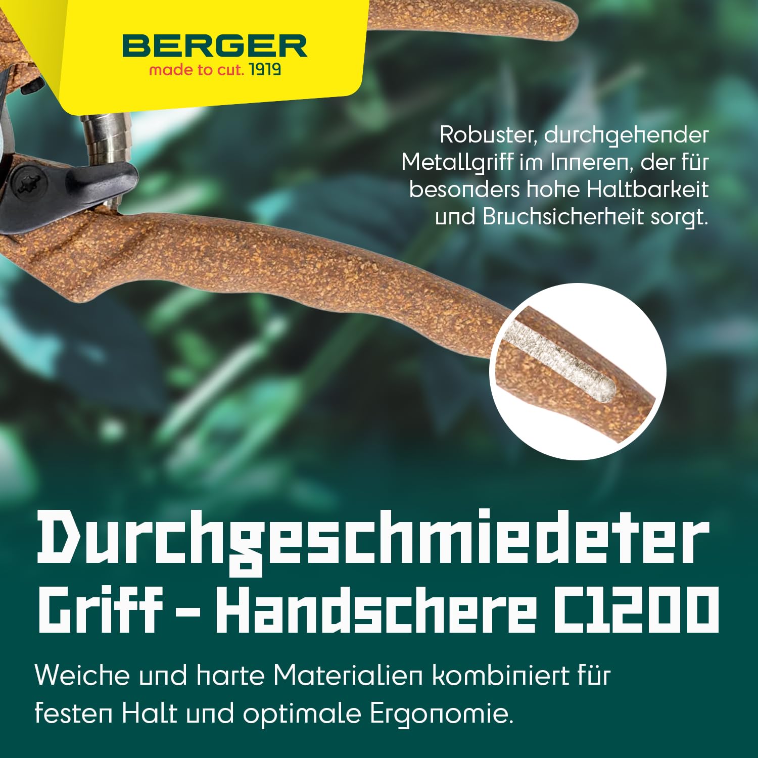 BERGER Handschere Bypass Klassik C1200 | Klassische Gartenschere mit geradem Schneidkopf & Korkgriff | Robuste Profi Blumenschere aus Metall mit Einhandverschluss | KWF-zertifiziert | Made in Germany