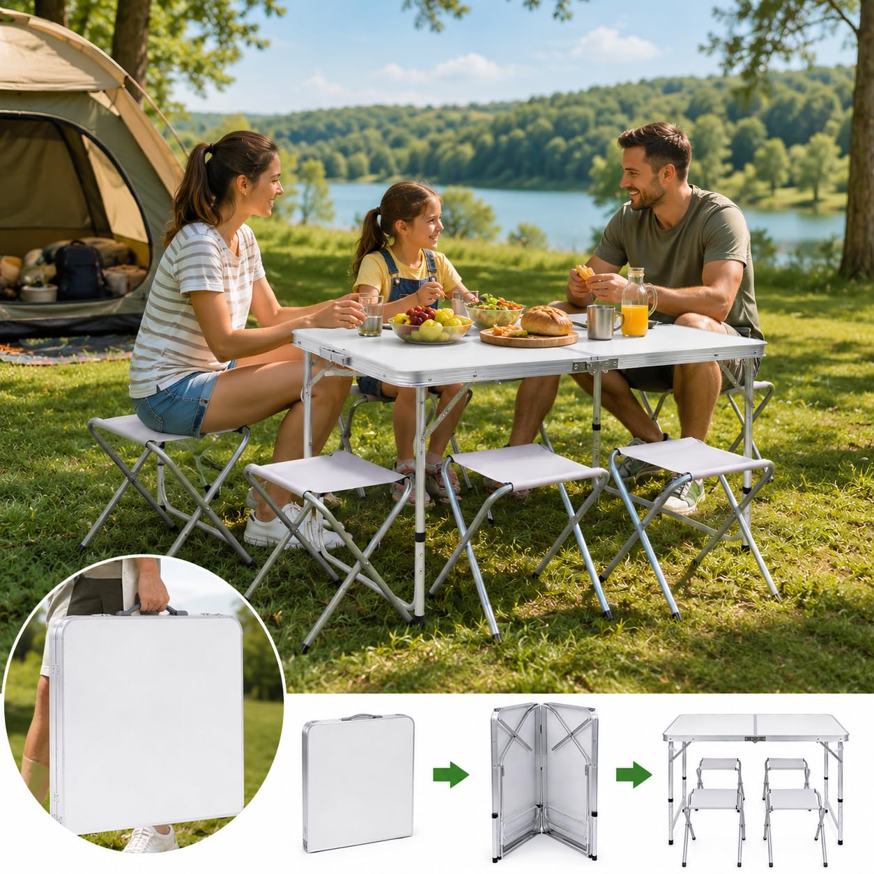 Generico Tavolo Pieghevole da Campeggio con 4 Sgabelli Inclusi, Tavolo Picnic Portatile Richiudibile con Altezza Regolabile 55/62/70 cm, Tavolo da Giardino Campeggio Pesca BBQ Escursioni 120x60 cm