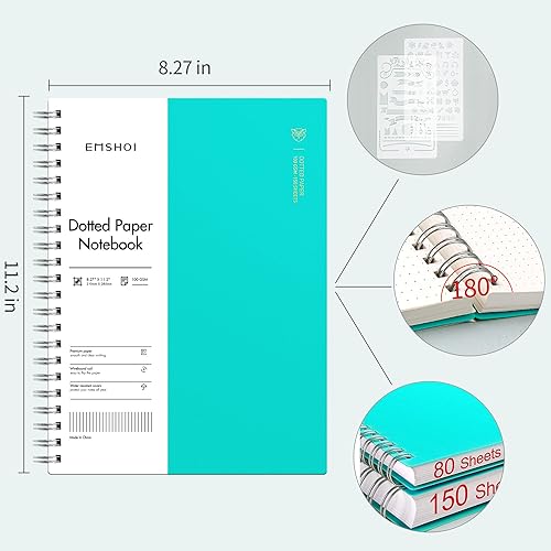 Miniatura 72 de EMSHOI Cuaderno de puntos en espiral A4, 150 hojas (300 páginas), diario de cuadrícula de puntos de 3.53 oz/m², tapa blanda impermeable, diario