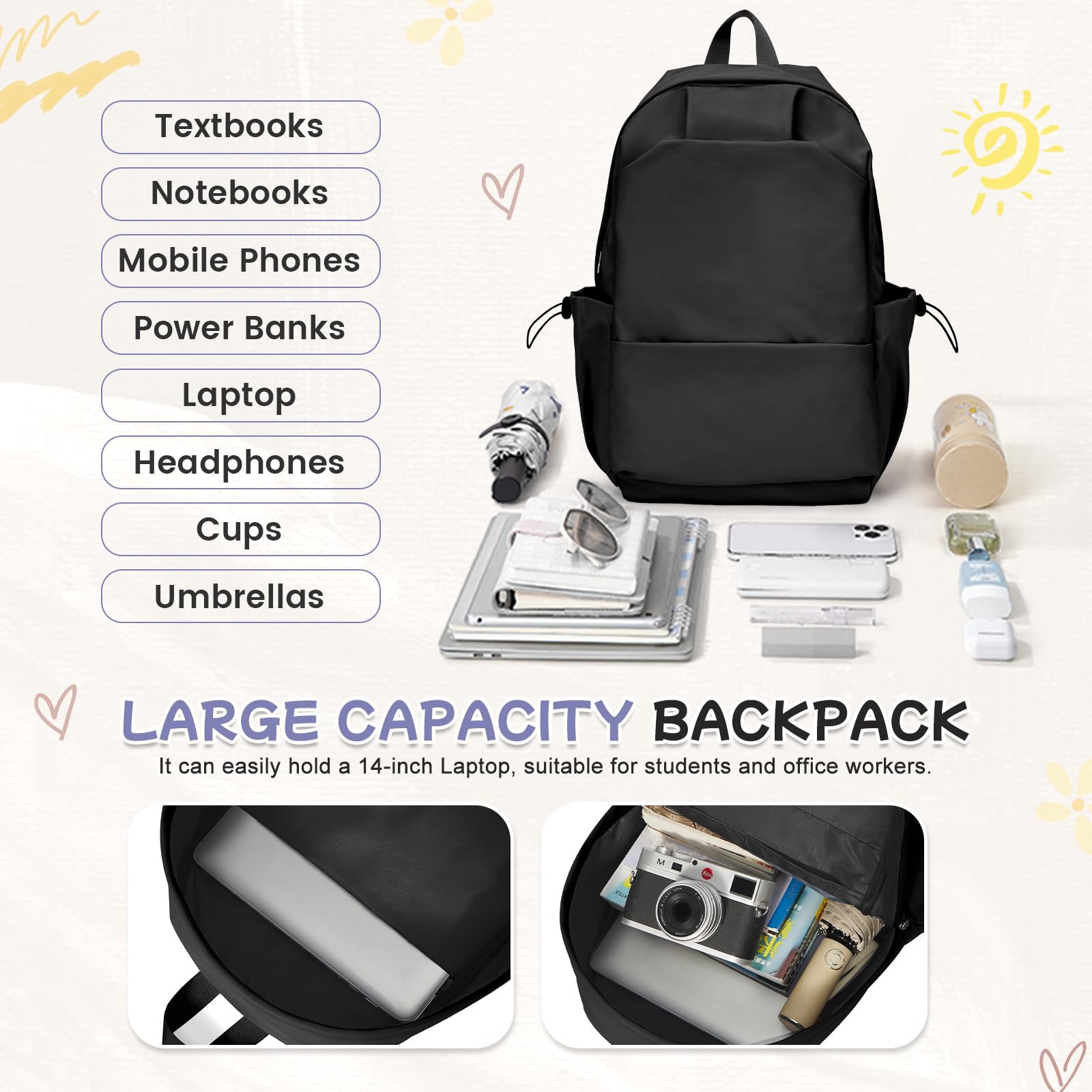 HYC00 Zaino Scuola Media Ragazza Zaino da Scuola Superiore Leggero Zaino Università College Zaino Casual Daypack Backpack Zaini Scuola Cartella Impermeabile 14 Pollici Laptop Bag Zainetto Zaini Donna