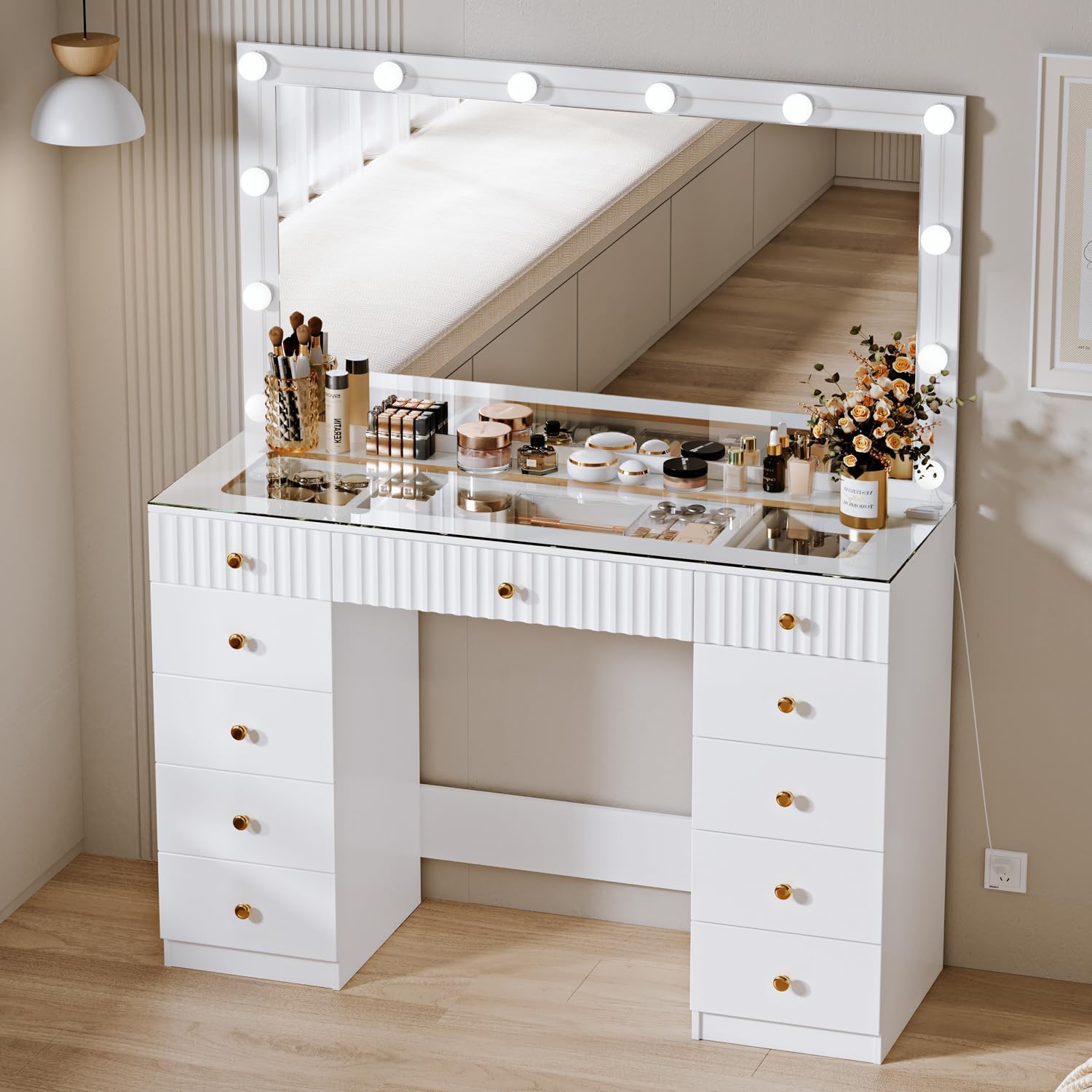 Photo 1 of ***FOR PARTS*** Arulvmrn Fluted Makeup Vanity Desk with 46" HD Lighted Mirror,Big Modern Vanity Desk with Mirror and 12 LED Lights, Dressing Table with 11 Drawers, Glass Top for Bedroom,White