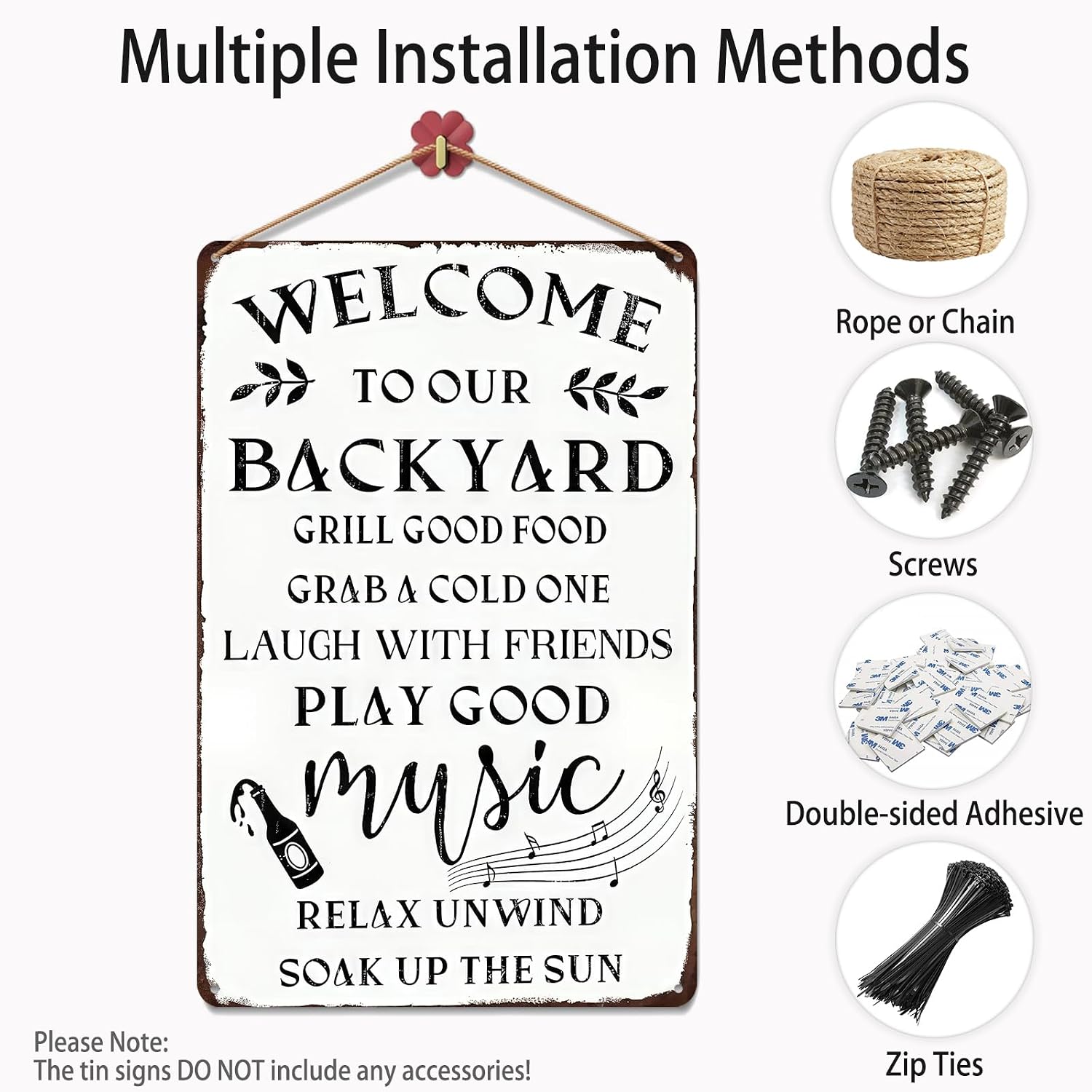 Welcome to Our Backyard Tin Sign – ASTRDECOR Metal Wall Art 8x12in for Patio, BBQ, Porch, Tiki Bar, Pool Area, Rustic Vintage Decor for Summer Fun, Garden Parties, Housewarming, Outdoor Entertaining image 3