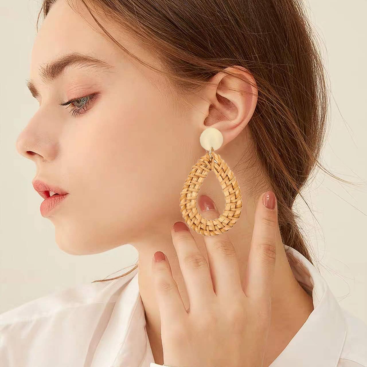 Rattan Earrings for Women Handmade Straw Wicker Braid Drop Dangle Earrings Lightweight Geometric Statement Earrings (E 4PCS Set 2) - Image 3