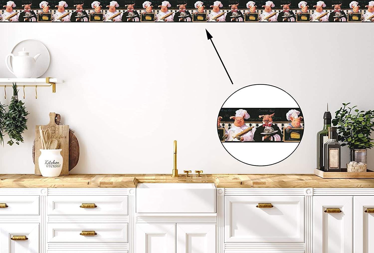 CONCORD WALLCOVERINGS ™ Kitchen French Chef Pig Wallpaper Border, 10.5" x 15' Whimsical Waiter Animals, Country Kitchen Farmhouse Style, Prepasted Washable, Black & Red Design #KH5802B