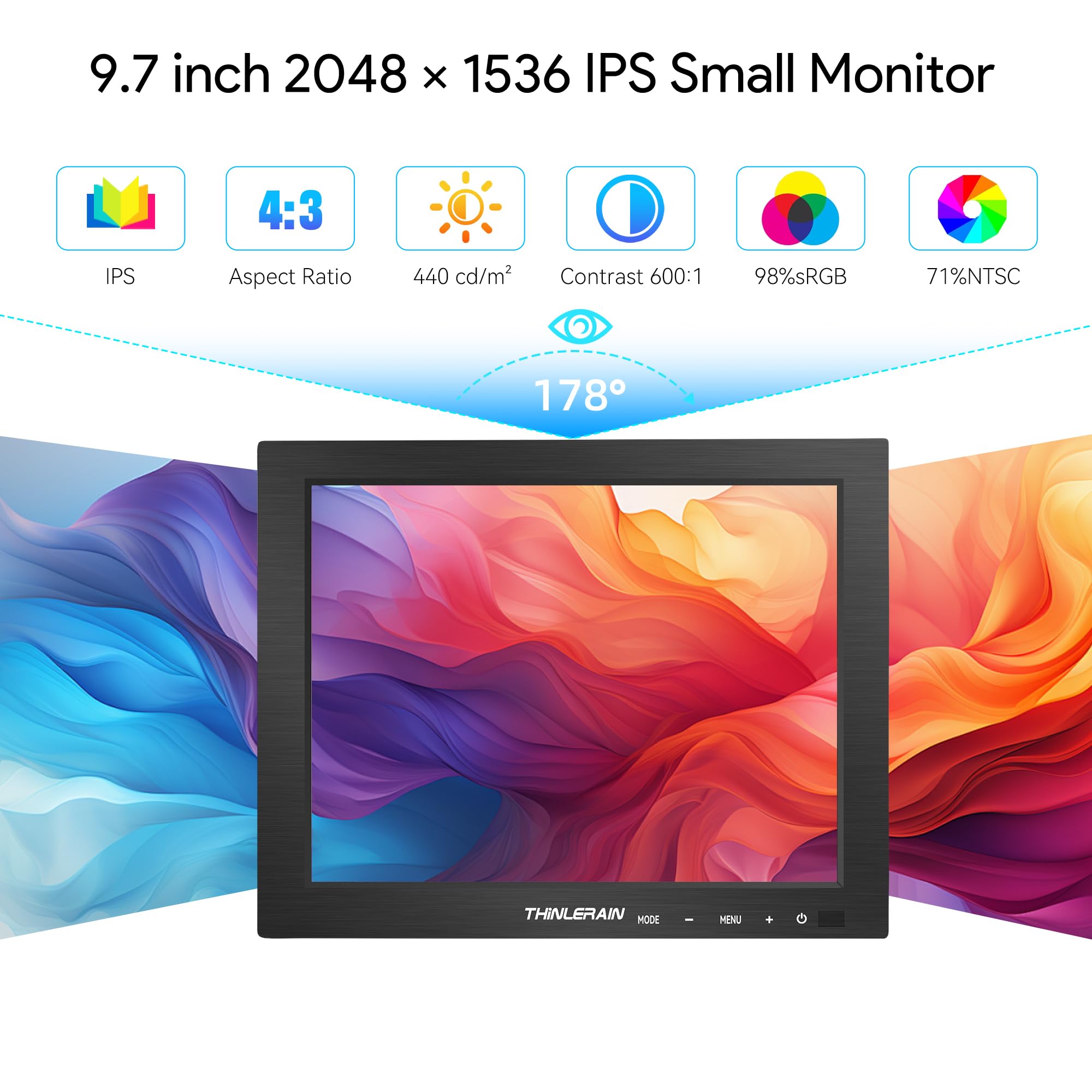 9,7 Zoll 2K Monitor – 2048x1536 IPS 4:3 Display, HDMI & Dual USB-C, 60Hz, VESA, integrierter Lautsprecher Kleiner Monitor für Retro-Gaming, PC, Smartphone, Reise, Homeoffice