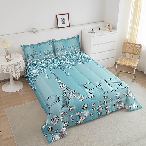 Miniatura 3 de Juego de edredón de París tamaño King para niños y niñas, juego de ropa de cama de la Torre Eiffel con purpurina para todas las estaciones, relleno